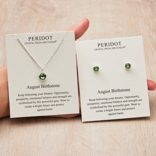 August (Peridot) Birthstone Necklace & Earrings Set Created with Zircondia® Crystals - Philip Jones Jewellery