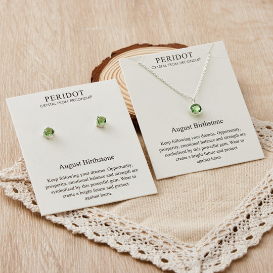 August (Peridot) Birthstone Necklace & Earrings Set Created with Zircondia® Crystals - Philip Jones Jewellery