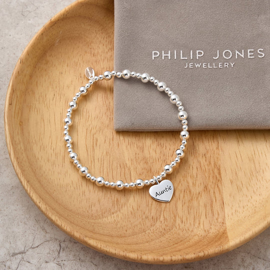 Auntie Heart Charm Beaded Stretch Bracelet - Philip Jones Jewellery