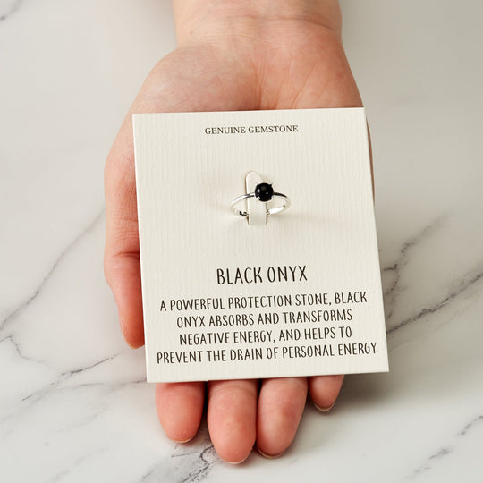 Black Onyx Adjustable Ring with Quote Card - Philip Jones Jewellery