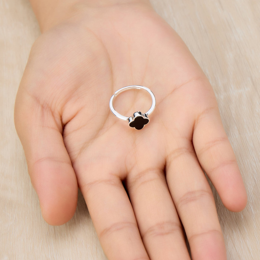 Black Onyx Gemstone Adjustable Clover Ring - Philip Jones Jewellery