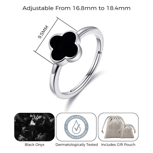 Black Onyx Gemstone Adjustable Clover Ring - Philip Jones Jewellery
