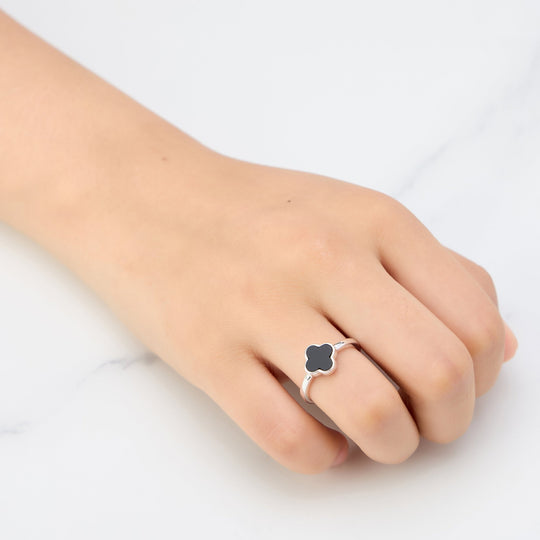 Black Onyx Gemstone Adjustable Clover Ring - Philip Jones Jewellery