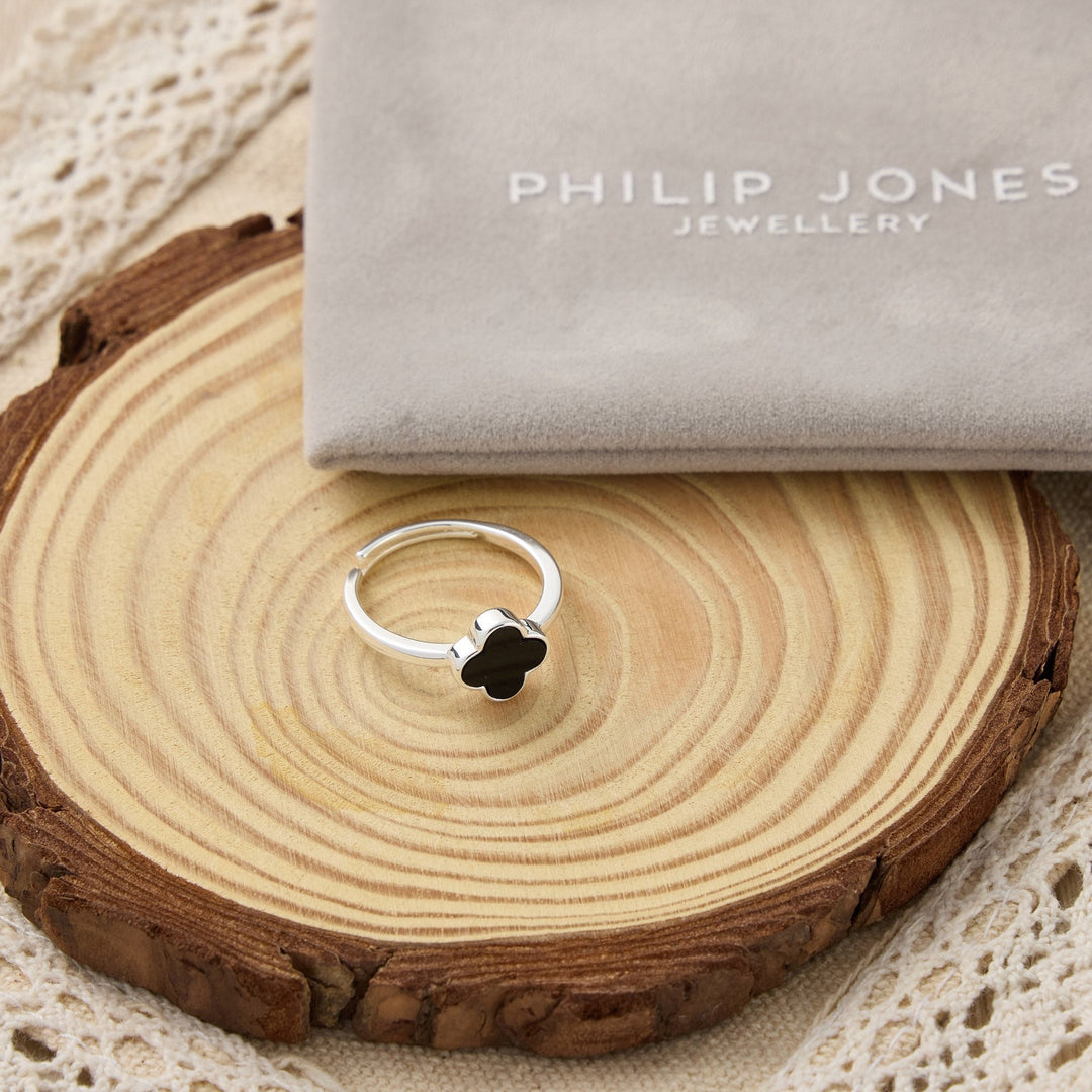 Black Onyx Gemstone Adjustable Clover Ring - Philip Jones Jewellery