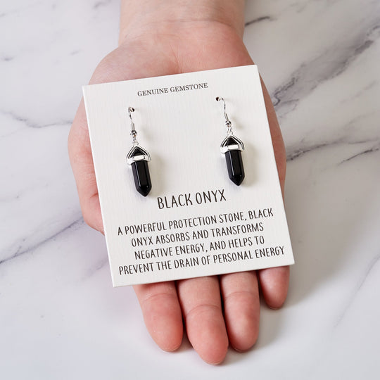 Black Onyx Gemstone Drop Earrings with Quote Card - Philip Jones Jewellery