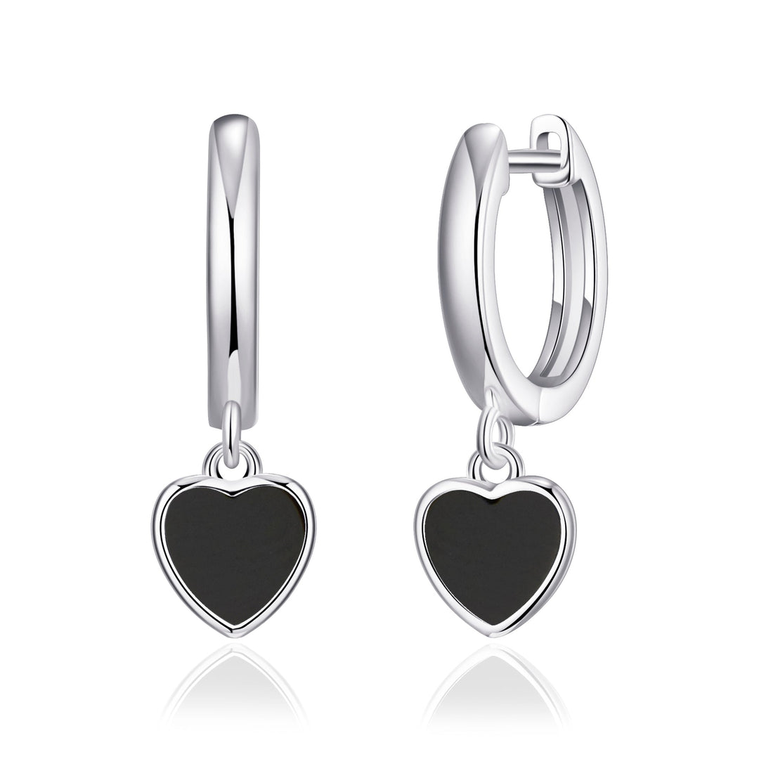 Black Onyx Gemstone Heart Charm Hoop Earrings - Philip Jones Jewellery