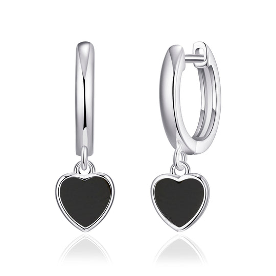 Black Onyx Gemstone Heart Charm Hoop Earrings - Philip Jones Jewellery