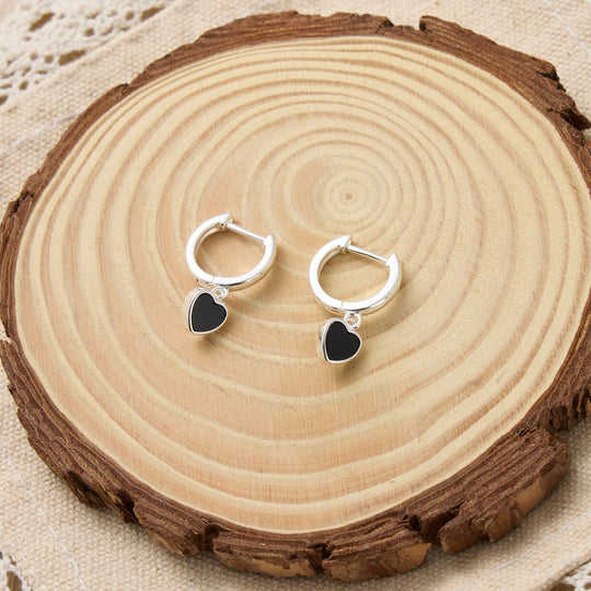 Black Onyx Gemstone Heart Charm Hoop Earrings - Philip Jones Jewellery