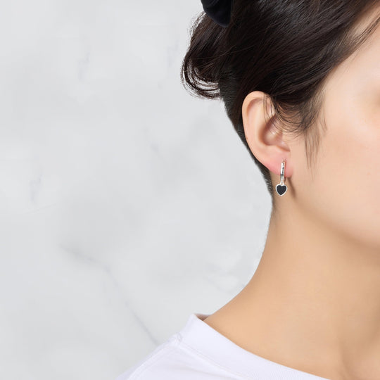 Black Onyx Gemstone Heart Charm Hoop Earrings - Philip Jones Jewellery