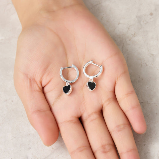 Black Onyx Gemstone Heart Charm Hoop Earrings - Philip Jones Jewellery