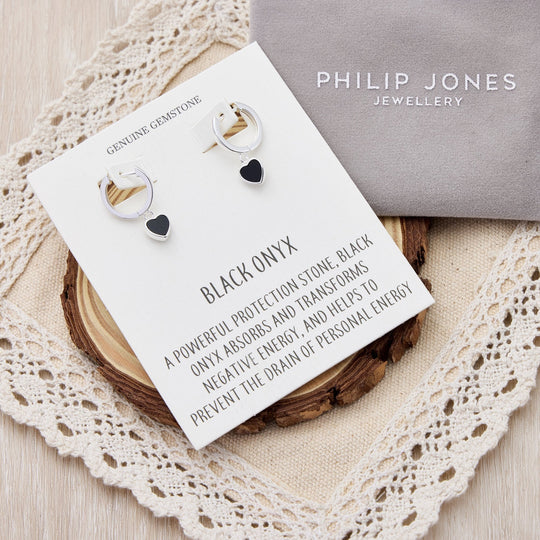 Black Onyx Gemstone Heart Charm Hoop Earrings with Quote Card - Philip Jones Jewellery