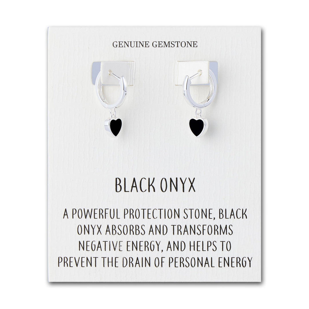 Black Onyx Gemstone Heart Charm Hoop Earrings with Quote Card - Philip Jones Jewellery