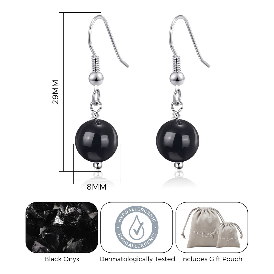 Black Onyx Gemstone Round Drop Earrings - Philip Jones Jewellery