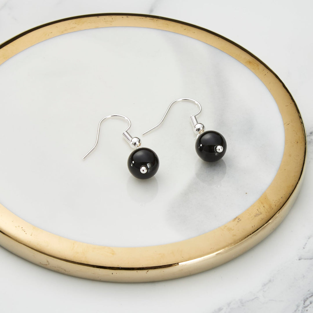 Black Onyx Gemstone Round Drop Earrings - Philip Jones Jewellery