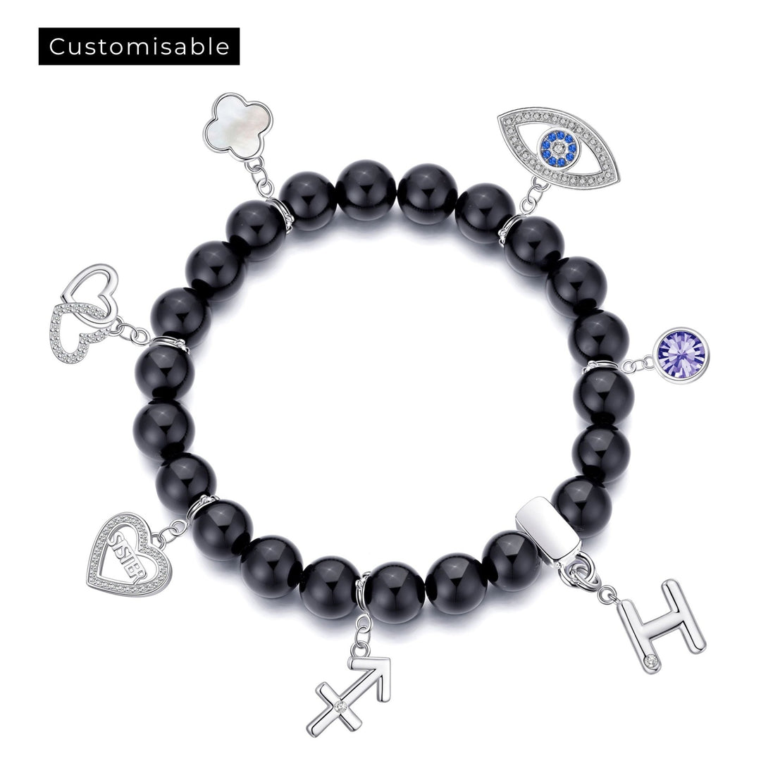 Black Onyx Gemstone Stretch Bracelet with Choice of Charms - Philip Jones Jewellery