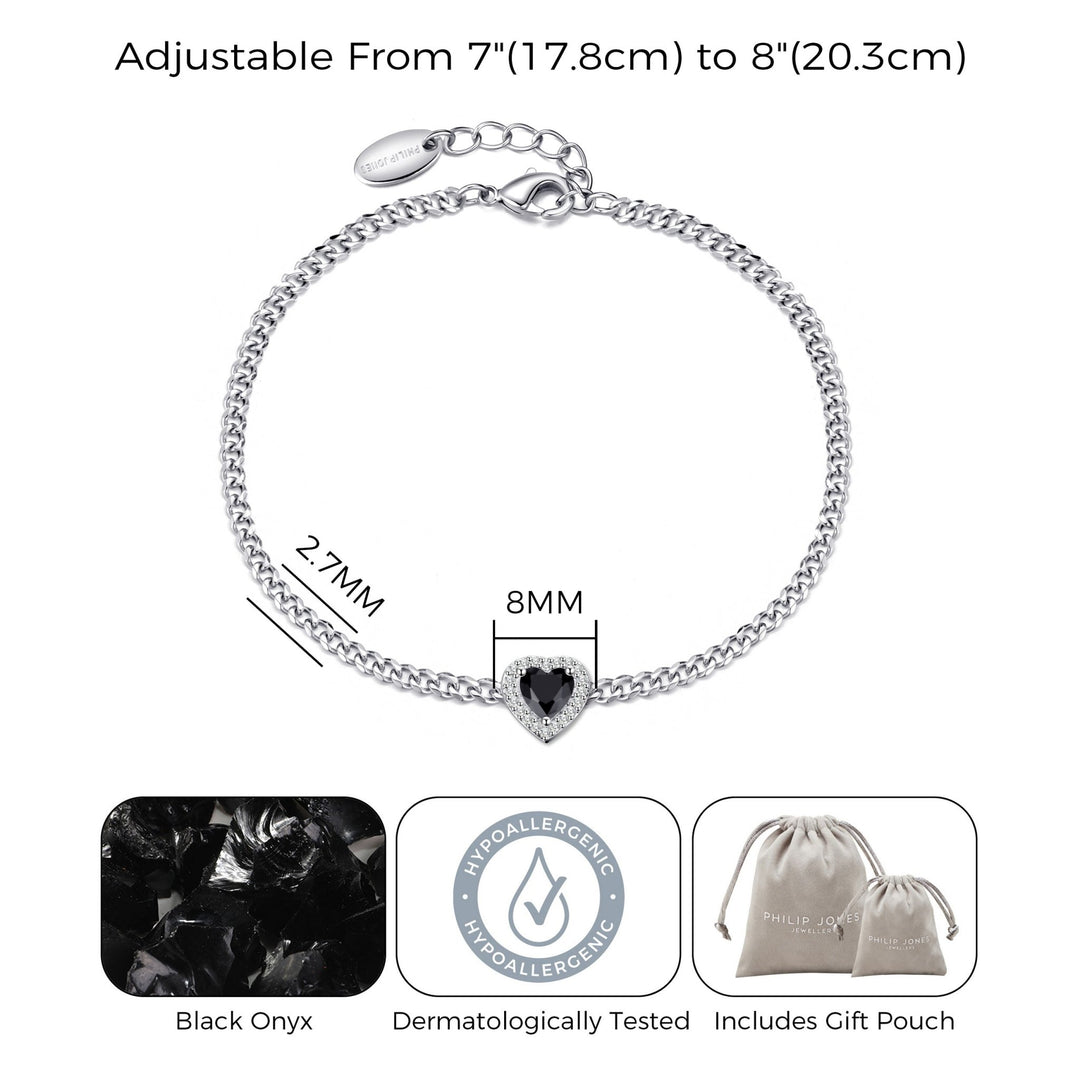 Black Onyx Heart Gemstone Bracelet Created with Zircondia® Crystals - Philip Jones Jewellery