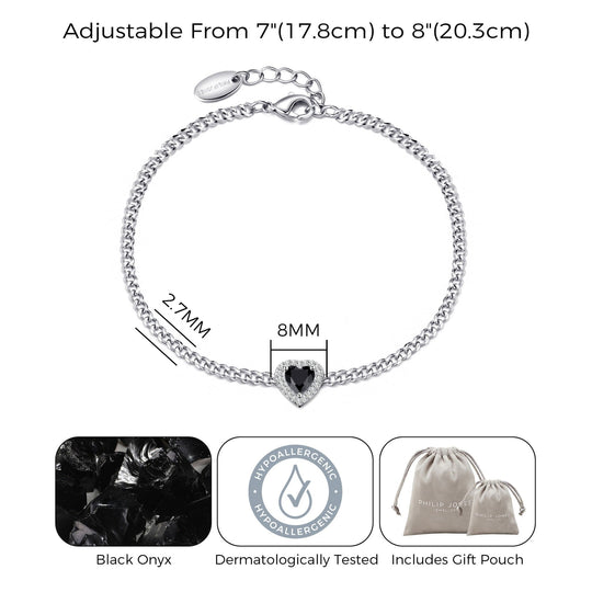 Black Onyx Heart Gemstone Bracelet Created with Zircondia® Crystals - Philip Jones Jewellery