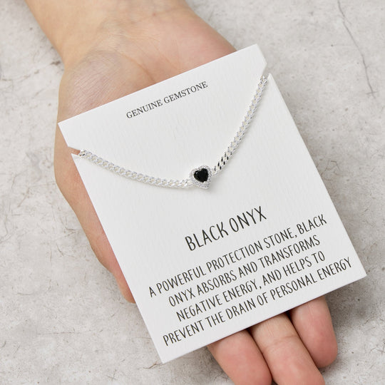 Black Onyx Heart Gemstone Bracelet with Quote Card Created with Zircondia® Crystals - Philip Jones Jewellery