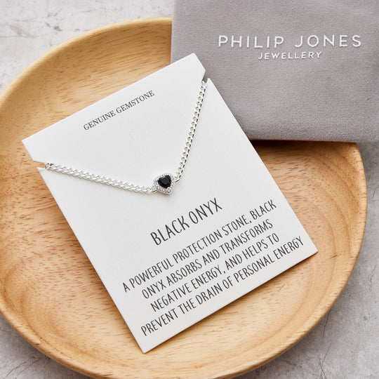 Black Onyx Heart Gemstone Bracelet with Quote Card Created with Zircondia® Crystals - Philip Jones Jewellery