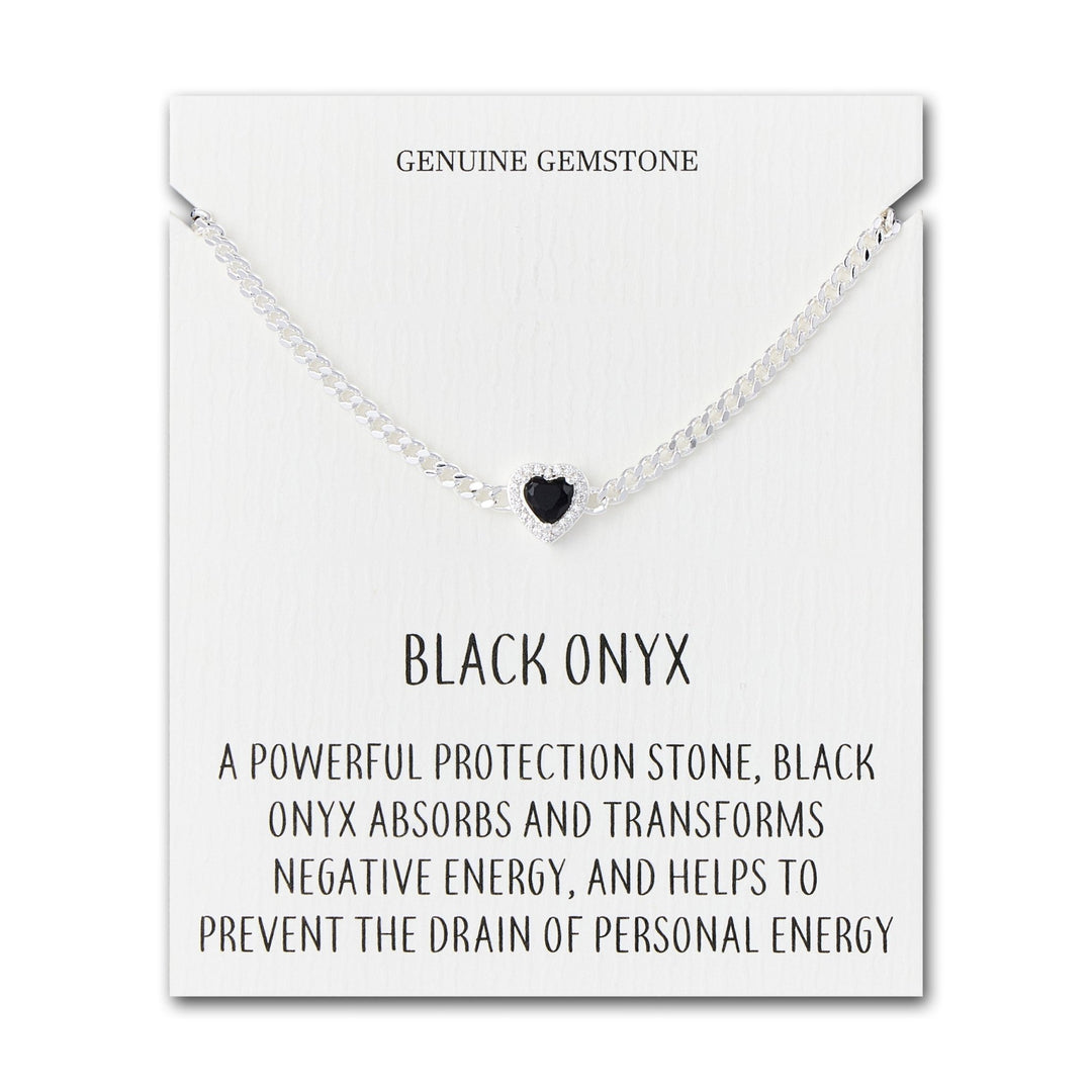 Black Onyx Heart Gemstone Bracelet with Quote Card Created with Zircondia® Crystals - Philip Jones Jewellery