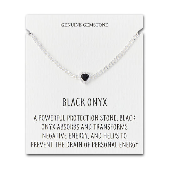 Black Onyx Heart Gemstone Bracelet with Quote Card Created with Zircondia® Crystals - Philip Jones Jewellery