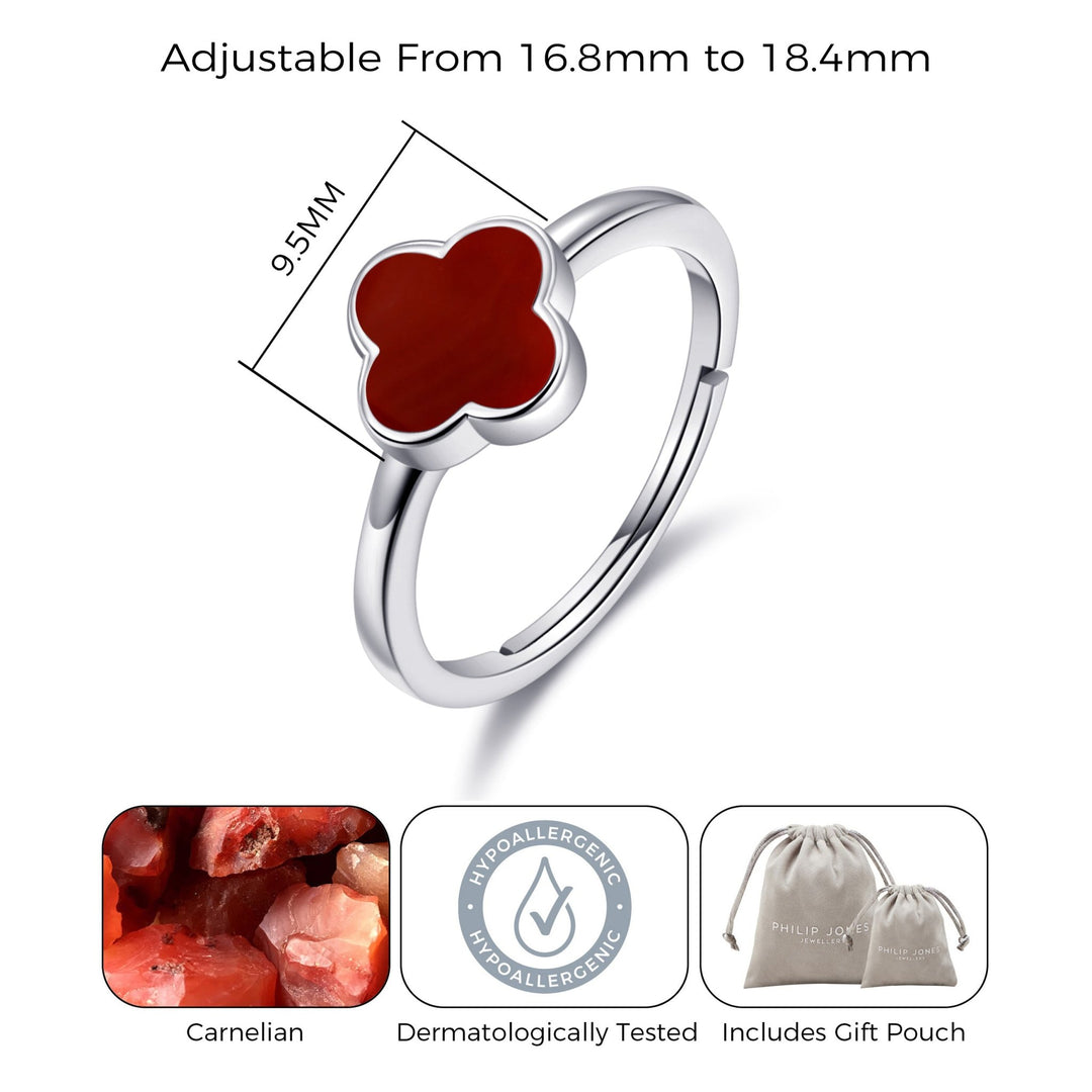 Carnelian Gemstone Adjustable Clover Ring - Philip Jones Jewellery