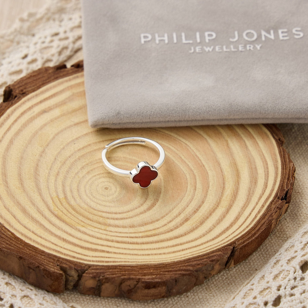 Carnelian Gemstone Adjustable Clover Ring - Philip Jones Jewellery