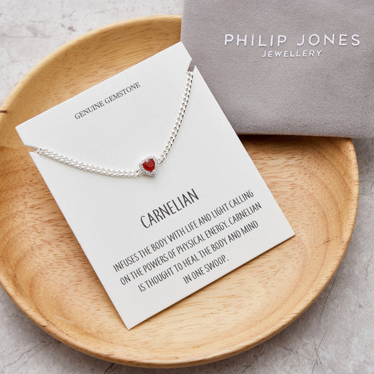 Carnelian Heart Gemstone Bracelet with Quote Card Created with Zircondia® Crystals - Philip Jones Jewellery