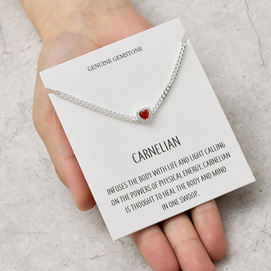 Carnelian Heart Gemstone Bracelet with Quote Card Created with Zircondia® Crystals - Philip Jones Jewellery