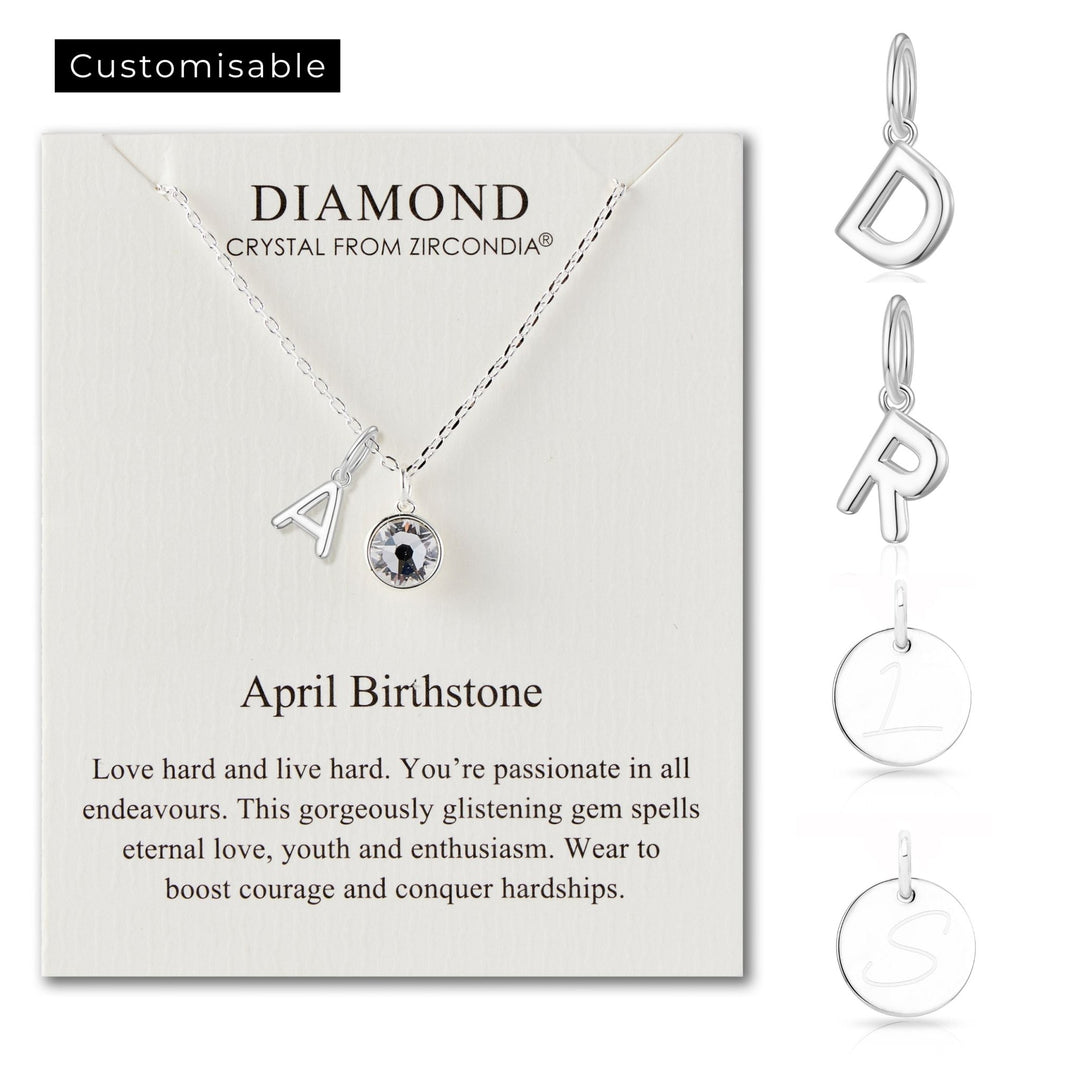 Customisable April (Diamond) Birthstone Necklace with Choice of Initial Charms (A - Z) - Philip Jones Jewellery