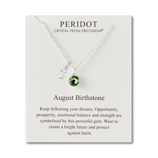 Customisable August (Peridot) Birthstone Necklace with Choice of Initial Charms (A - Z) - Philip Jones Jewellery
