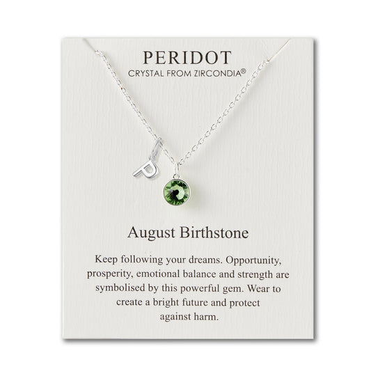 Customisable August (Peridot) Birthstone Necklace with Choice of Initial Charms (A - Z) - Philip Jones Jewellery