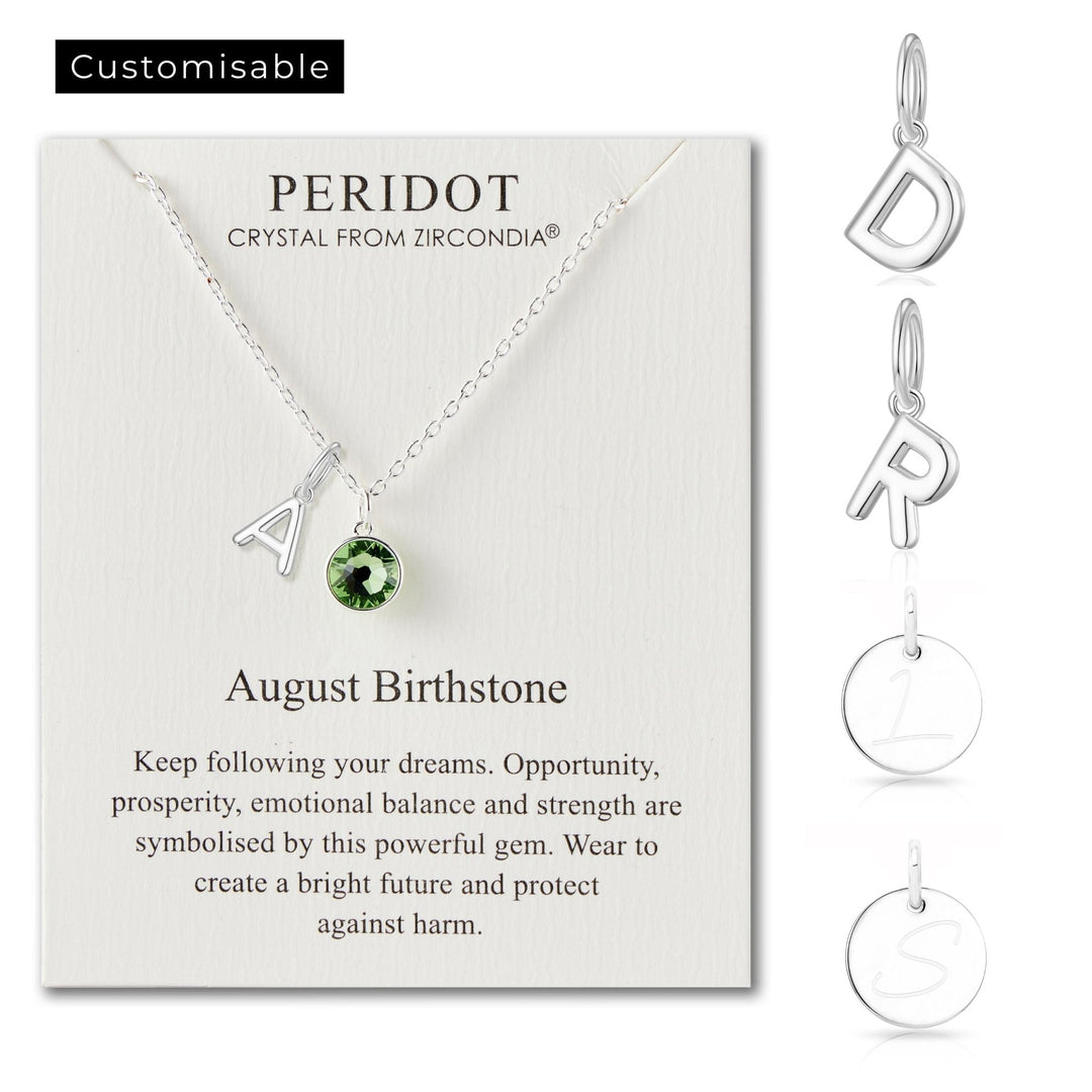 Customisable August (Peridot) Birthstone Necklace with Choice of Initial Charms (A - Z) - Philip Jones Jewellery