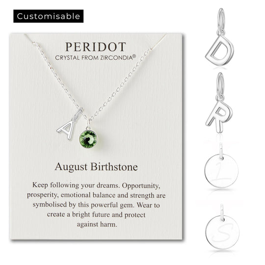 Customisable August (Peridot) Birthstone Necklace with Choice of Initial Charms (A - Z) - Philip Jones Jewellery
