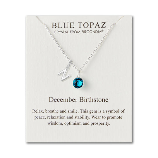 Customisable December (Blue Topaz) Birthstone Necklace with Choice of Initial Charms (A - Z) - Philip Jones Jewellery