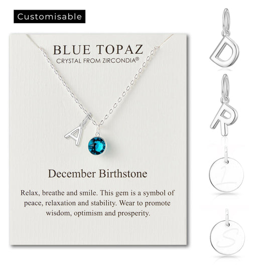 Customisable December (Blue Topaz) Birthstone Necklace with Choice of Initial Charms (A - Z) - Philip Jones Jewellery