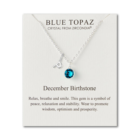 Customisable December (Blue Topaz) Birthstone Necklace with Choice of Initial Charms (A - Z) - Philip Jones Jewellery