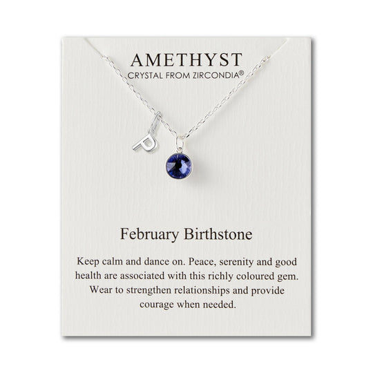 Customisable February (Amethyst) Birthstone Necklace with Choice of Initial Charms (A - Z) - Philip Jones Jewellery