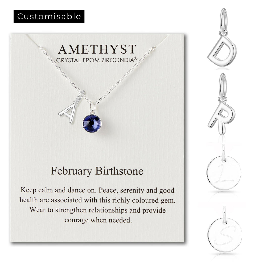 Customisable February (Amethyst) Birthstone Necklace with Choice of Initial Charms (A - Z) - Philip Jones Jewellery