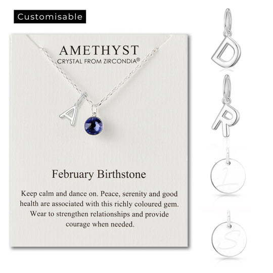 Customisable February (Amethyst) Birthstone Necklace with Choice of Initial Charms (A - Z) - Philip Jones Jewellery