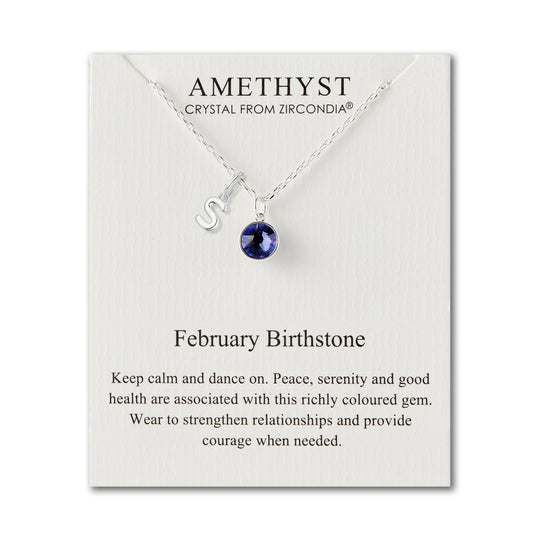 Customisable February (Amethyst) Birthstone Necklace with Choice of Initial Charms (A - Z) - Philip Jones Jewellery