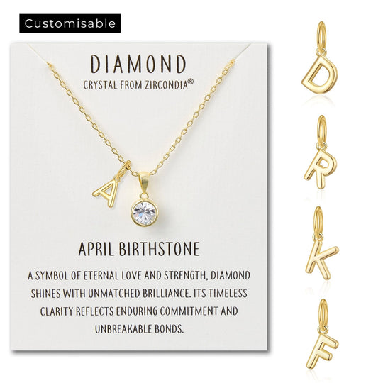 Customisable Gold Plated April (Diamond) Birthstone Necklace with Choice of Initial Charms (A - Z) - Philip Jones Jewellery