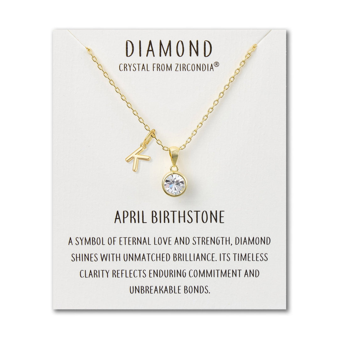 Customisable Gold Plated April (Diamond) Birthstone Necklace with Choice of Initial Charms (A - Z) - Philip Jones Jewellery