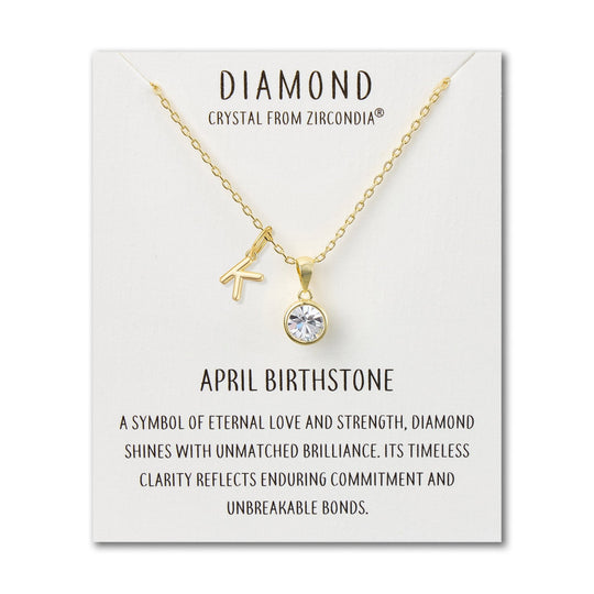 Customisable Gold Plated April (Diamond) Birthstone Necklace with Choice of Initial Charms (A - Z) - Philip Jones Jewellery