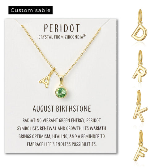 Customisable Gold Plated August (Peridot) Birthstone Necklace with Choice of Initial Charms (A - Z) - Philip Jones Jewellery