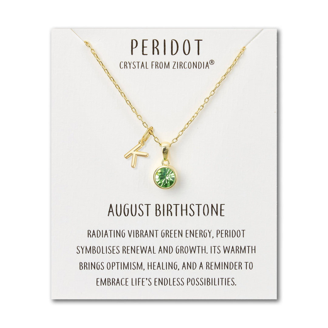 Customisable Gold Plated August (Peridot) Birthstone Necklace with Choice of Initial Charms (A - Z) - Philip Jones Jewellery