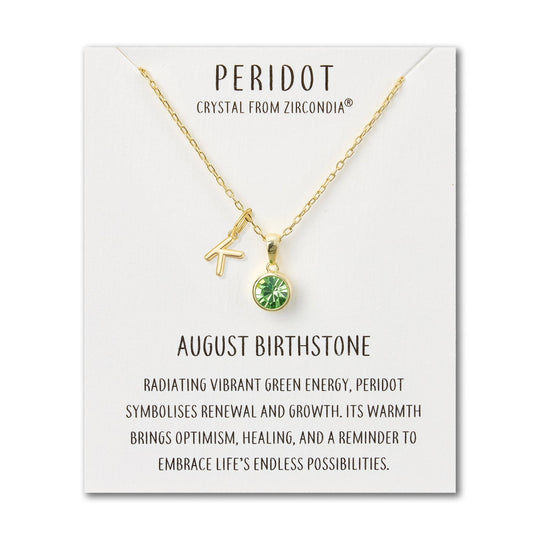 Customisable Gold Plated August (Peridot) Birthstone Necklace with Choice of Initial Charms (A - Z) - Philip Jones Jewellery