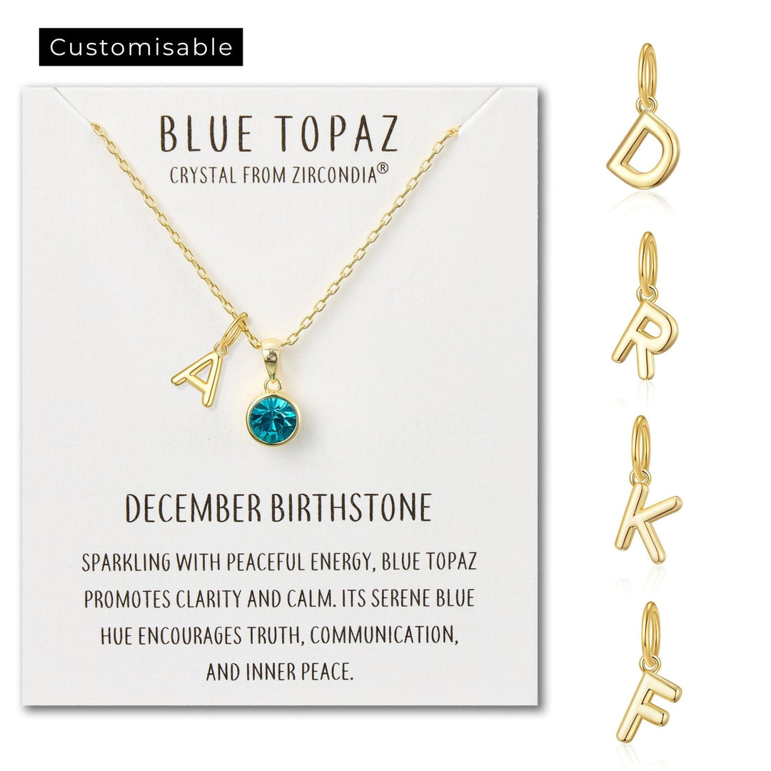 Customisable Gold Plated December (Blue Topaz) Birthstone Necklace with Choice of Initial Charms (A - Z) - Philip Jones Jewellery