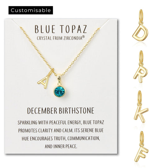 Customisable Gold Plated December (Blue Topaz) Birthstone Necklace with Choice of Initial Charms (A - Z) - Philip Jones Jewellery