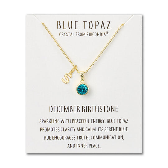 Customisable Gold Plated December (Blue Topaz) Birthstone Necklace with Choice of Initial Charms (A - Z) - Philip Jones Jewellery